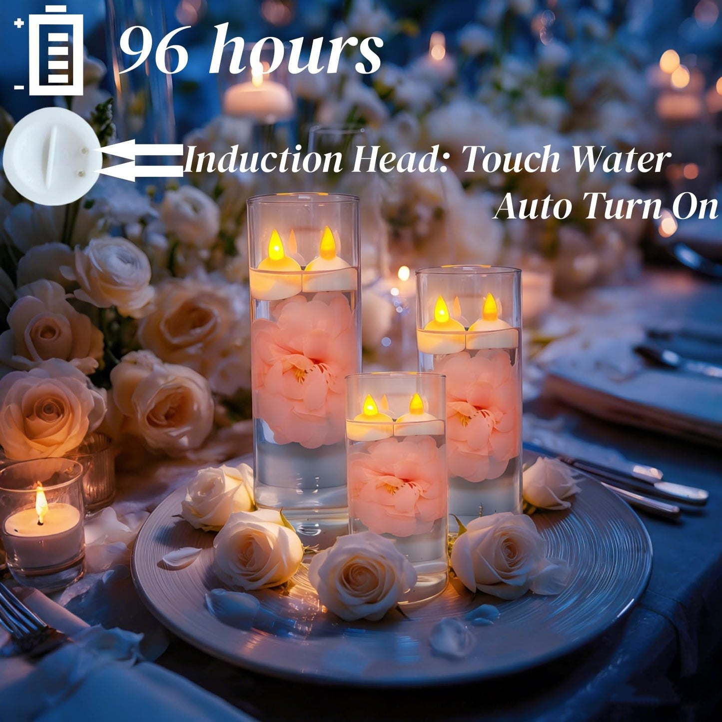 Qazcnd 24 Pack Flameless Floating Candles and Floating Artificial Flower Led Battery Operated Waterproof Tea Lights for Vases Centerpieces at Wedding, Party, Pool Decor Pink