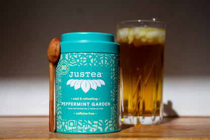 JusTea PEPPERMINT GARDEN | Loose Leaf Herbal Tea | Tin with Hand Carved Tea Spoon | 40+ Cups (1.6oz) | Caffeine Free | Award-Winning | Fair Trade | Non-GMO
