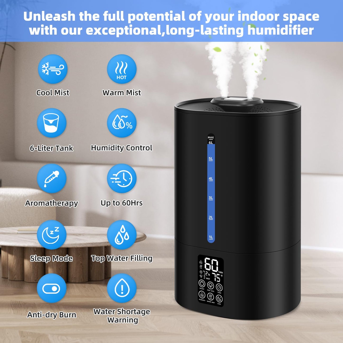 6L Humidifiers for Bedroom Large Room Home, Cool and Warm Humidifier for Plants Mist Top Fill Desk Humidifier Essential Oil Diffuser, Quiet Humidifiers with Adjustable Mist,360°Nozzle-Midnight Black