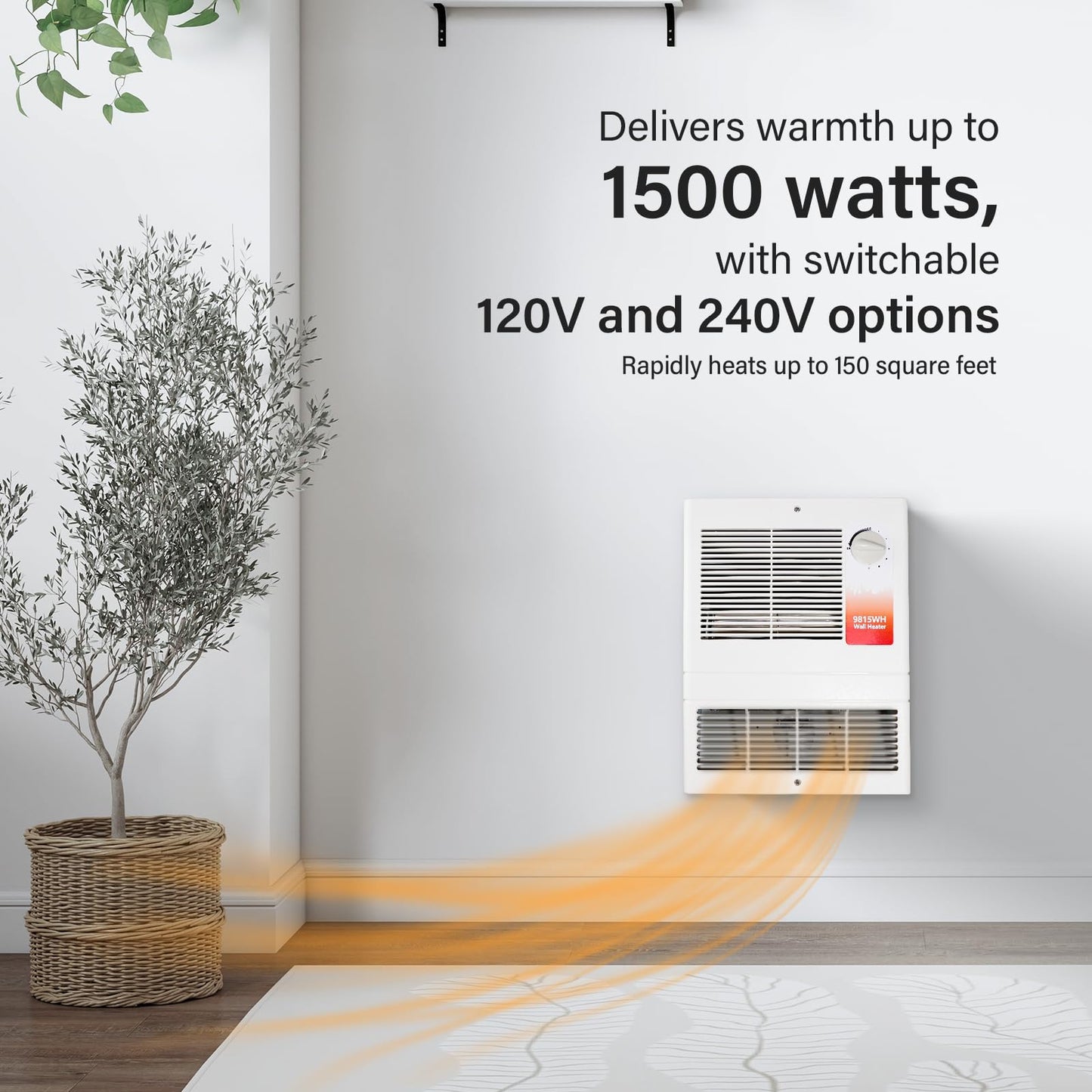 9815WH Large Capacity Electric Wall Heater with Built-in Adjustable Thermostat and Silent Motor, Overheat Protection, 1500 Watts, 120/240 Volts, White