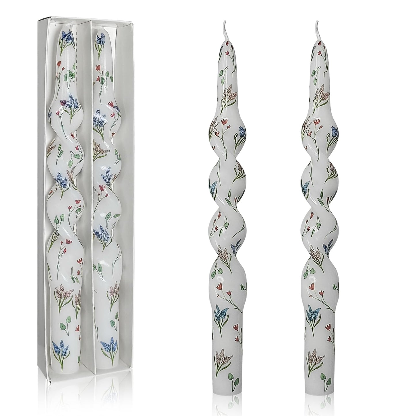 Unscented Floral Taper Candle Spiral Candlesticks - Set of 2 Trefoil Handmade Twisted Candle 10 Inch Long Candle Sticks Print Tapered Candles for Home Wedding Dinner