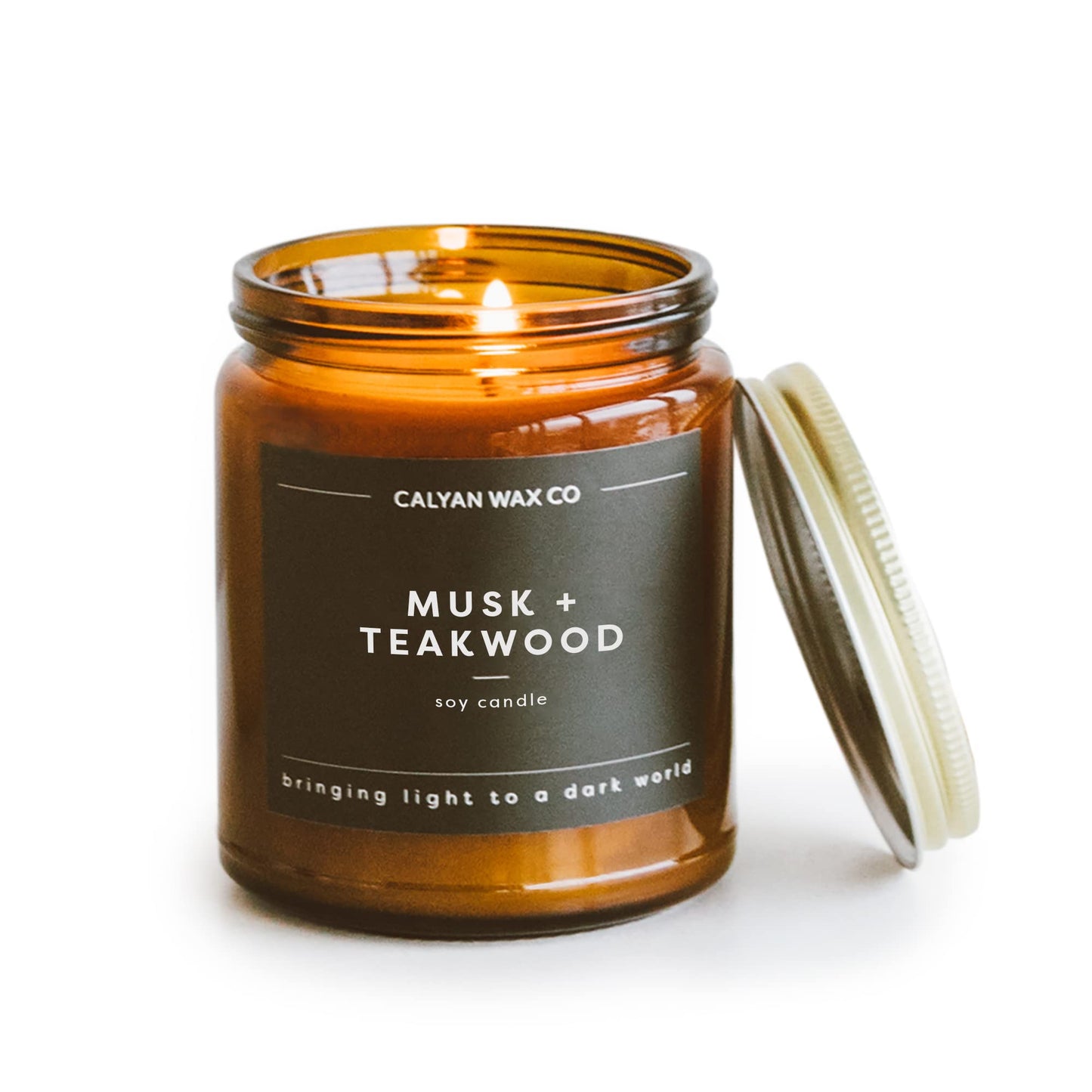 Calyan Wax Co. Musk & Teakwood Scented Candle - 57 Hour Burn - Luxury Clean Soy Wax Candles - Long Lasting Amber Glass Jar Candle for Home - 7.2oz