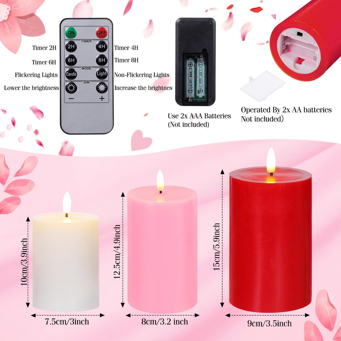 Grinsvalley 3 Pcs Mother's Day Flameless Candles Battery Operated Wax LED Flickering Flameless Pillar Candles with Remote for Home Table Dating Wedding Party Decor