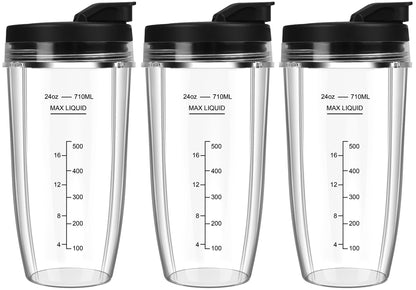 Blender Cups Replacement for Ninja, 24oz Ninja Blender Cups with To-Go Lids Compatible with Ninja BN401, BL450, BL456, BL480, BL2012, BL2013, BN751, BN801, SS101, SS151 (3 Pack)