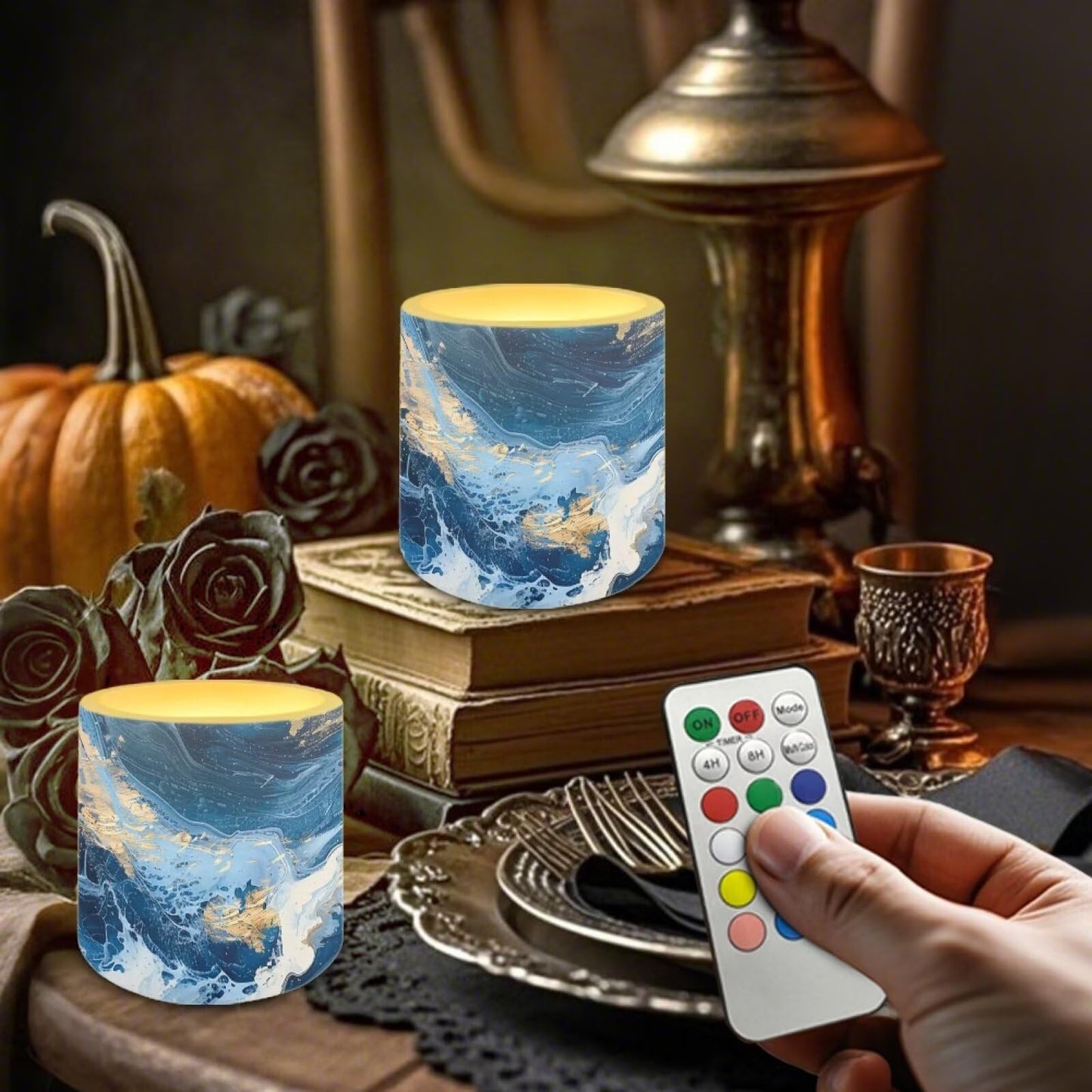 Cozeyat Ocean Marble LED Candles Set of 4 Battery Powered Flameless with Remote Timer Flickering Flame Waterproof for Home Patio Garden Decor