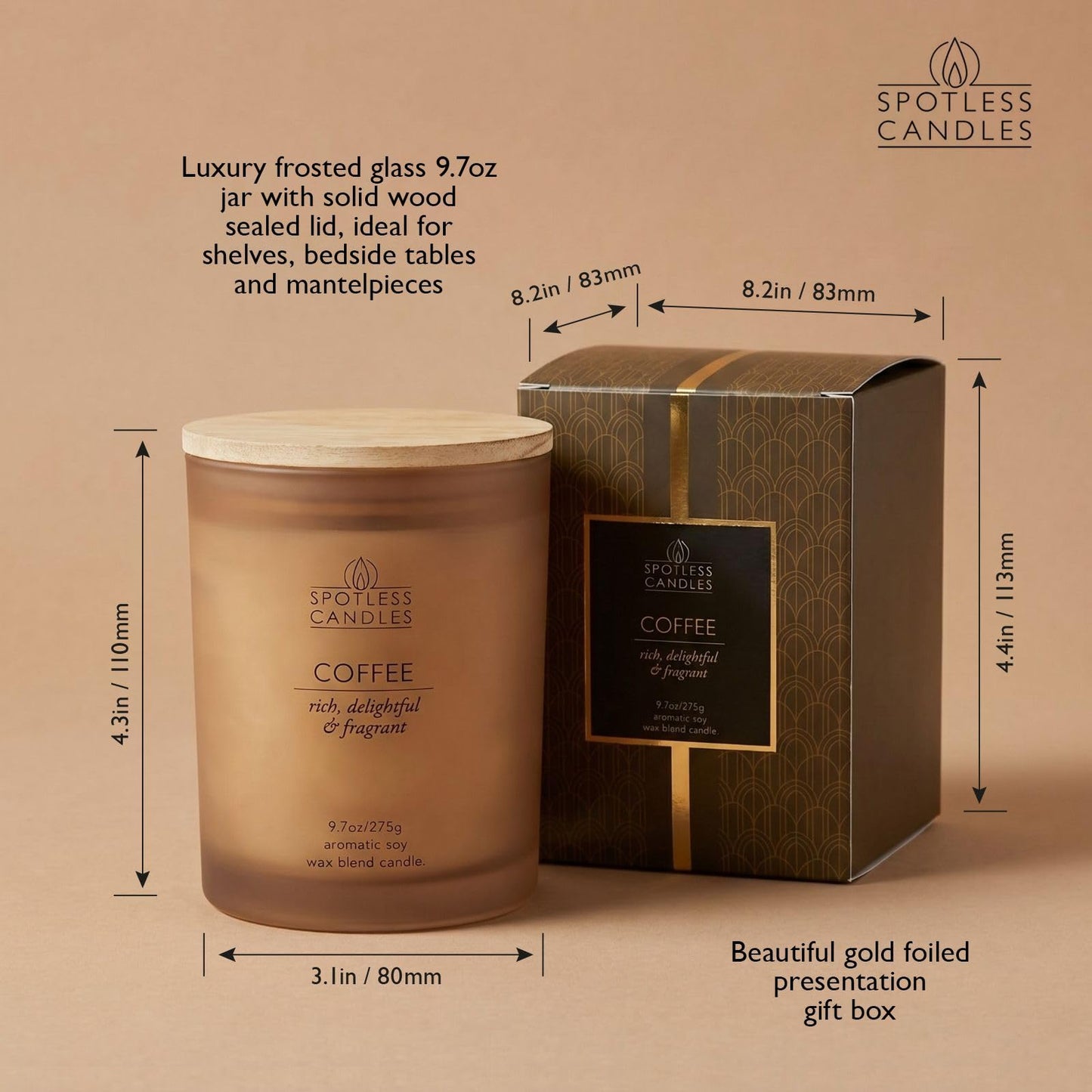 Coffee Candle; 9.7oz, 55 Hrs Burn Time, Soy Wax Brown Frosted Jar with Crackling Wooden Wick & Luxury Gift Box with Gold Foil Strip: Coffee Scented Candle by Spotless Candles