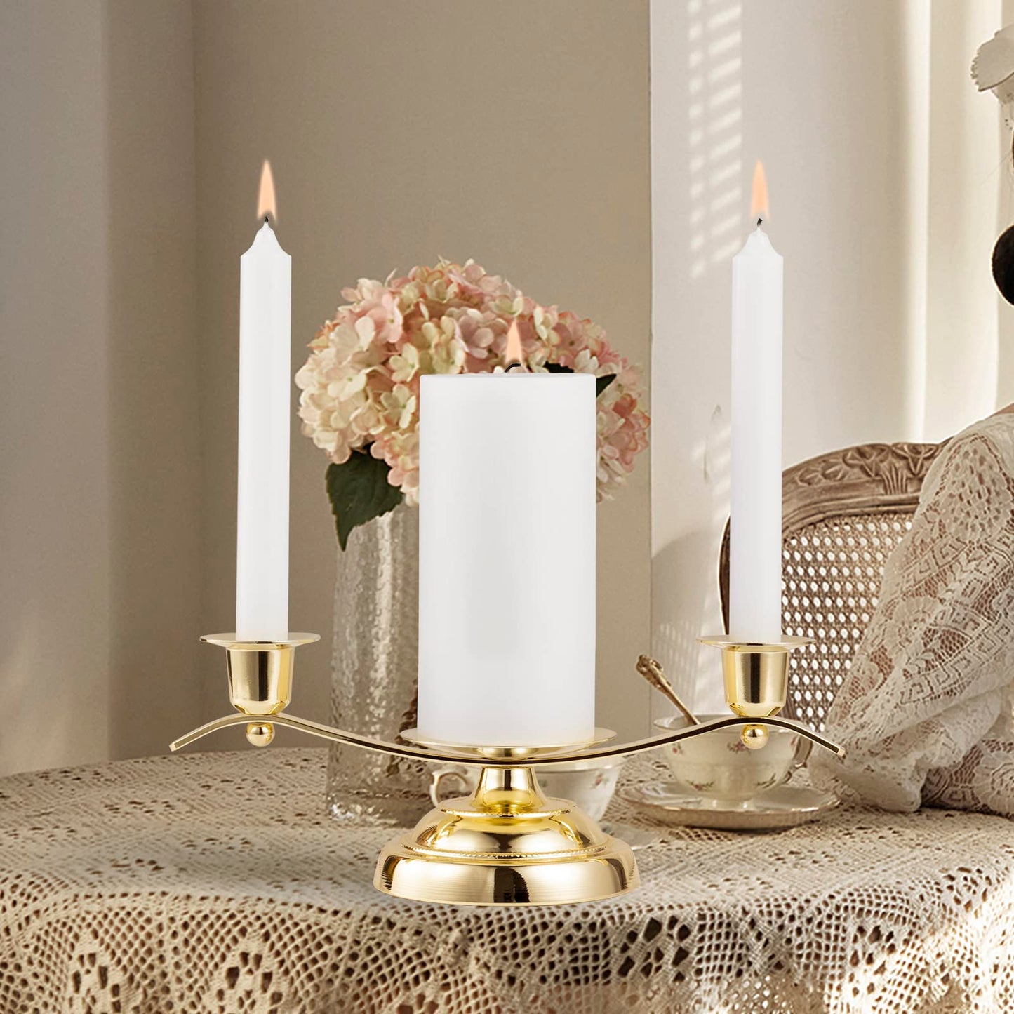 Gold Unity Candle Holder for Wedding and Gifts, ARCHOBAN 3-Candle Design Candle Holder with Stabilizing Pin and Side Support Pegs, Perfect for Unity Candles for Wedding, Anniversaries.