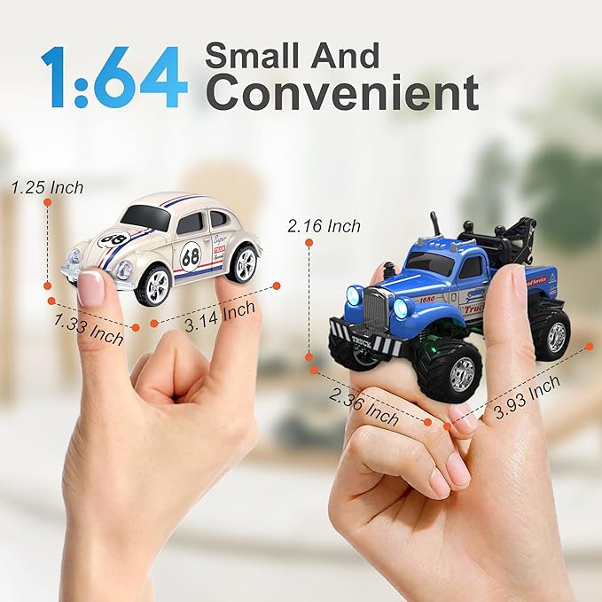 MOONTOY 1:64 Scale Mini Alloy Truck RC Car with LED Lights 2.4Ghz Remote and App Control Toy Car 3-Speed Adjustment Pocket Toy Car for Kids 4-8 Years and Adults (Black)