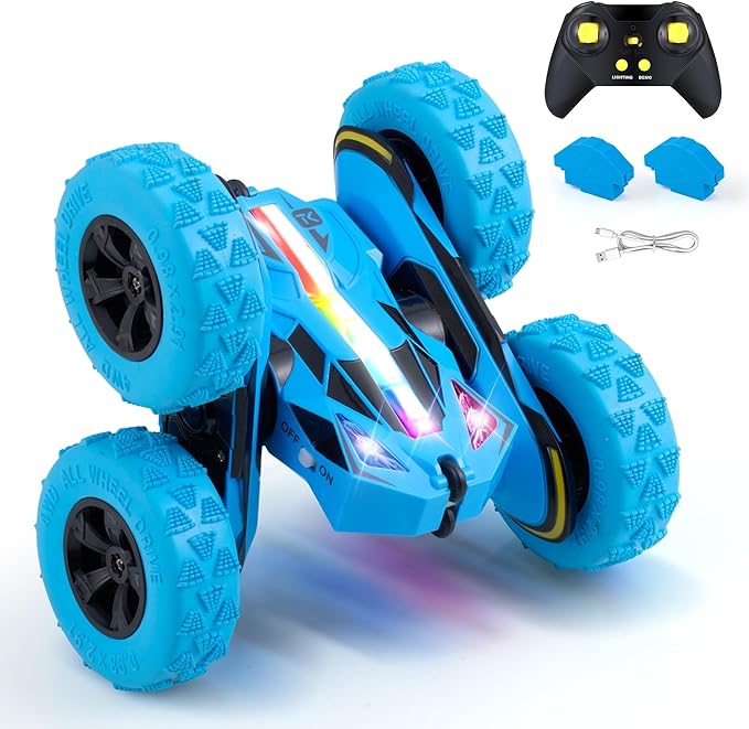 Threeking New Remote Control Car RC Flip Stunt Double Sided Driving Cars Toys for Boys Girls Ages 6-12 USB-C Modular Batteries 4WD 360° Flips with Breathing Soft Lights Presents Gifts Blue