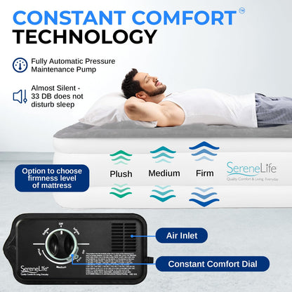 SereneLife Twin Air Mattress with Built in ComfortCoil Technology & Internal High Capacity Pump | Elevated Raised Air Mattress Quilt Top | 1-Year Guarantee, Gray