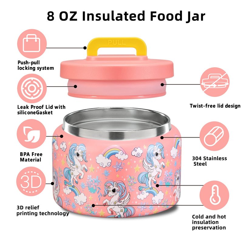 JXXM 8 Oz Thermo Food Jar for Hot & Cold Food for Kids, Insulated Lunch Containers Hot Food Jar,Leak-Proof Vacuum Stainless Steel Wide Mouth Lunch Soup Thermo for School (PINK-Unicorn)