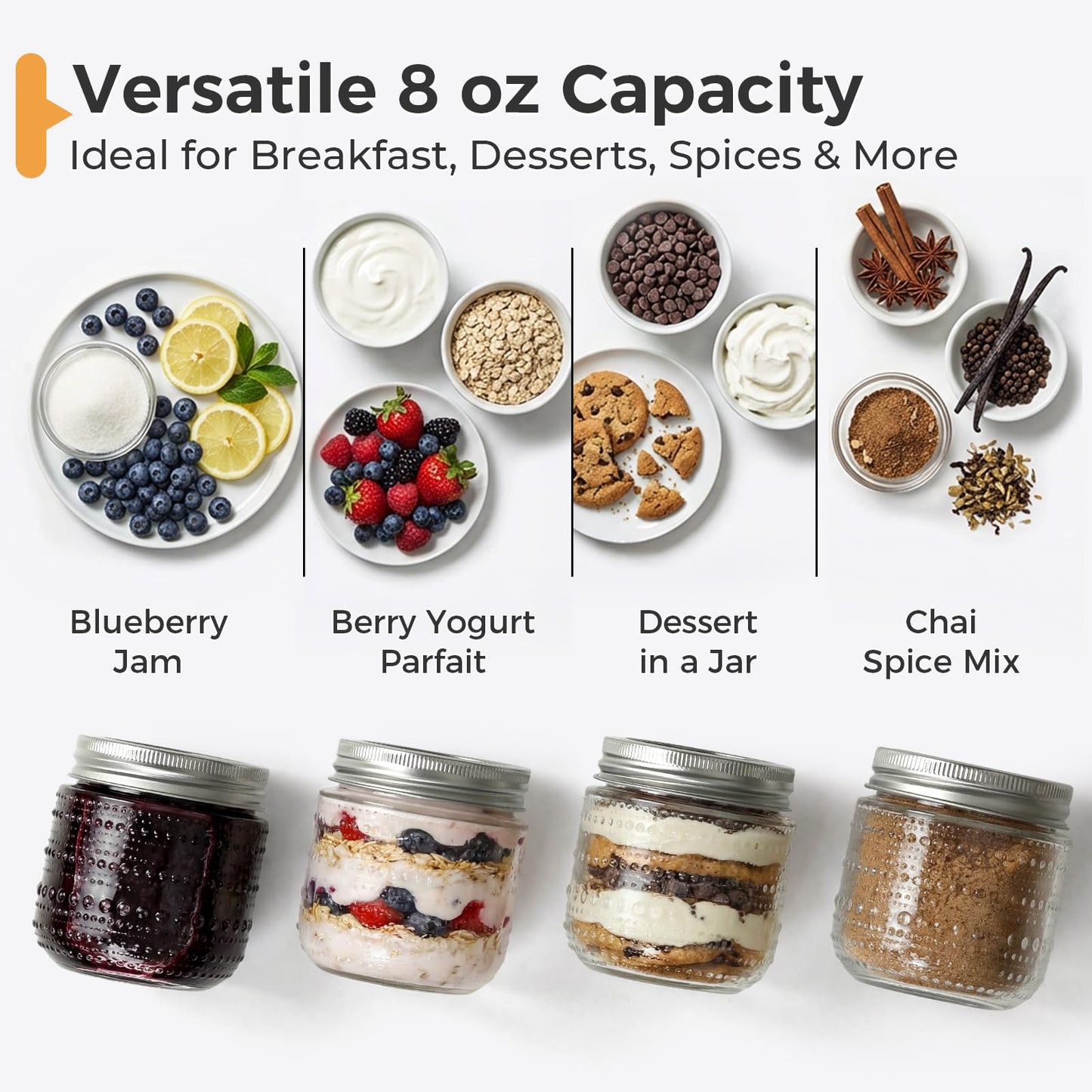 NETANY 6 Pack Small Glass Jars with Lids 8 oz Vintage Embossed Half Pint Mason Jars, Regular Mouth Canning Jars with Metal Lids for Pickling, Jam, Honey, Spice, Yogurt, Candle Making and DIY Crafts