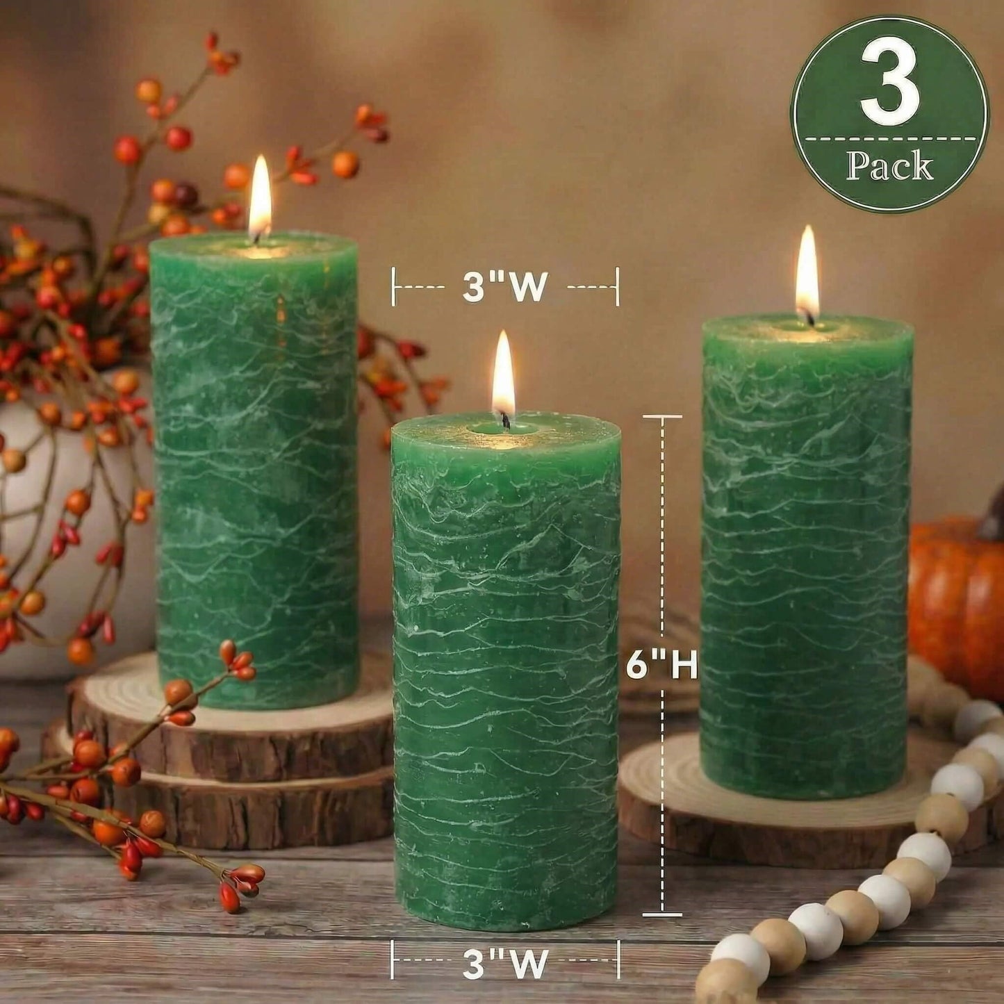 Richland Set of 3 Pillar Candles 3" x 6" Unscented (Dark Green Rustic) for Weddings Home Christmas Holidays Relaxation Spa Church