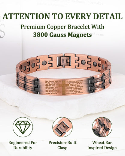 Fashtour Copper Cross Bracelet for Men, Ultra Strength Magnetic Jewelry, Rice-Ear Design Adjustable Copper Biblical Cross Bracelet with Sizing Tool & Box