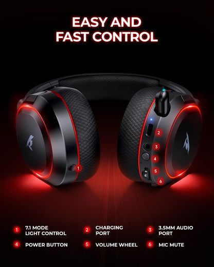 Wireless Gaming Headset, 7.1 Surround Sound, 2.4Ghz USB Gaming Headphones Bluetooth 5.4, 100-Hr Noise Canceling Mic RGB Light, Wireless Headset for PC PS5 PS4 Mac Switch, ONLY Wired Mode Suit for Xbox