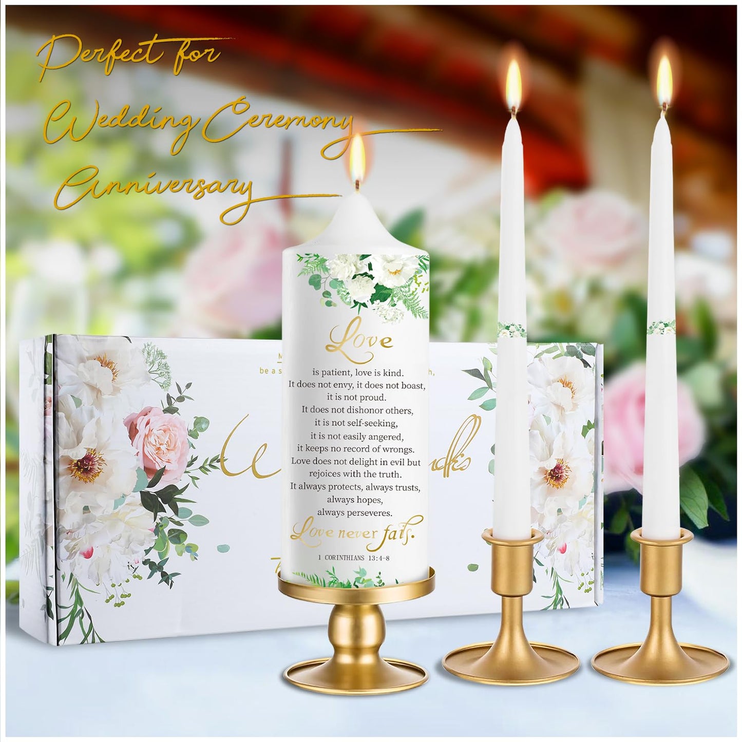 3 Unity Floral Candles for Wedding Ceremony Set with Gold Candle Holders, Bible Wedding Unity Set – Elegant Gift for Bride, Groom, Religious or Catholic Weddings