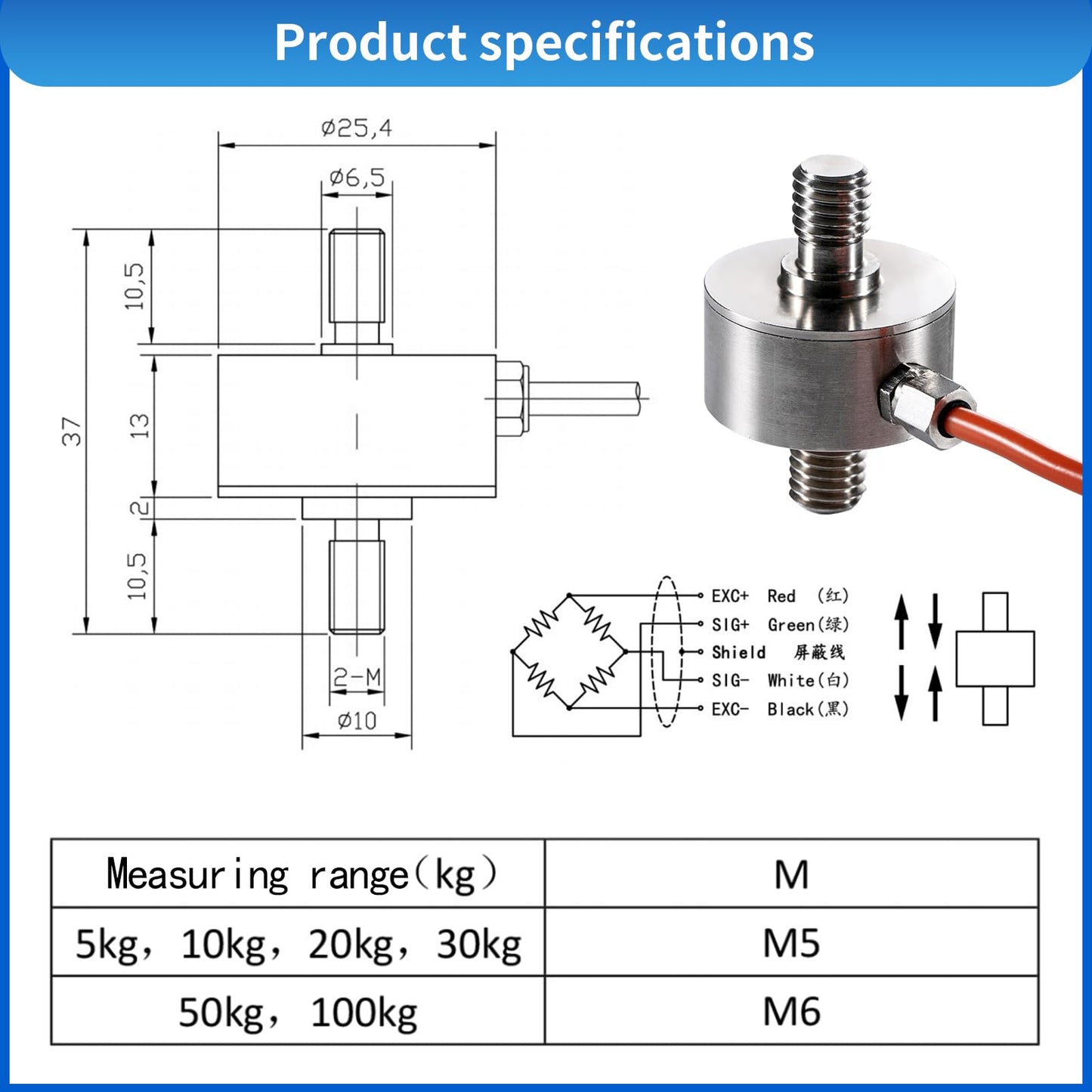 Load Cell with Amplifier Readout Display Sensor Transmitter Test Compression Force Weight Pressure Modifiable Display Unit Output RS-485 0-5V 0-10V 4-20mA (0-200kg Sensor + Amplifier)