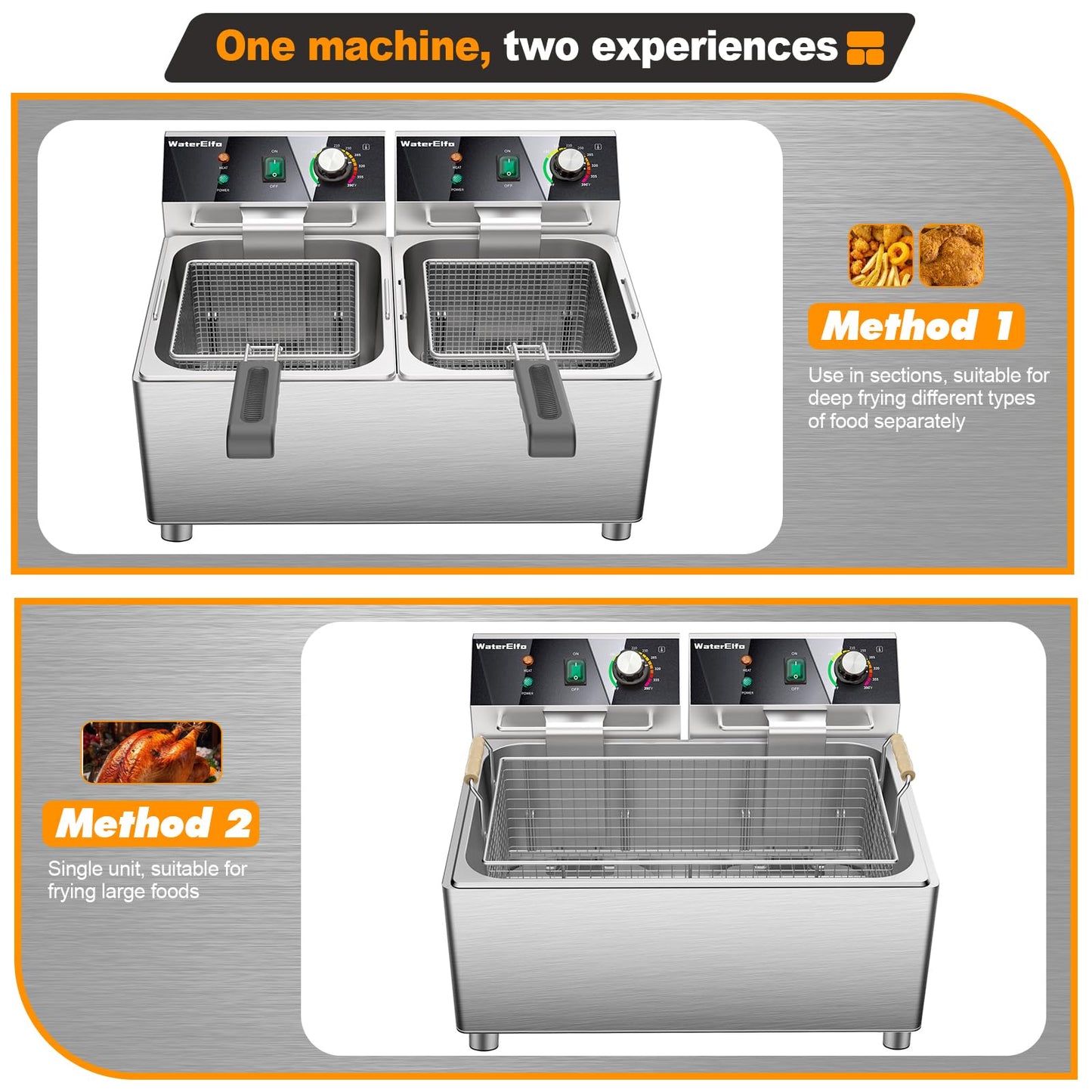WaterElfo electric turkey fryer Commercial deep fryer with basket 3600W27.4QT with timer26L deepen deep fryer Variable twin cylinder 13.7QT*2 Rapid heating