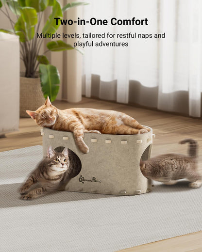 DownyPaws Cat House for Indoor Cats, Cat Bed Cave for Multiple & Large Cats Up to 22 Lbs, Scratch Resistant Peekaboo Cat Caves, Foldable Cat Tunnel Enclosed Bed, PeekaPurr, Cream