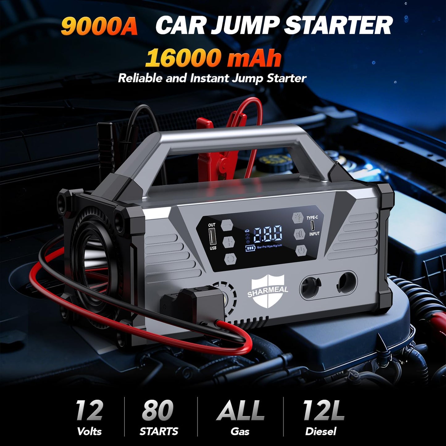 Sharmeal Jump Starter with Air Compressor，9000A Car Battery Jump Starter (All Gas/12.0L Diesel)，200PSI Car Battery Jumper Starter Portable 12V Jump Box with Jumper Cables, LED Light