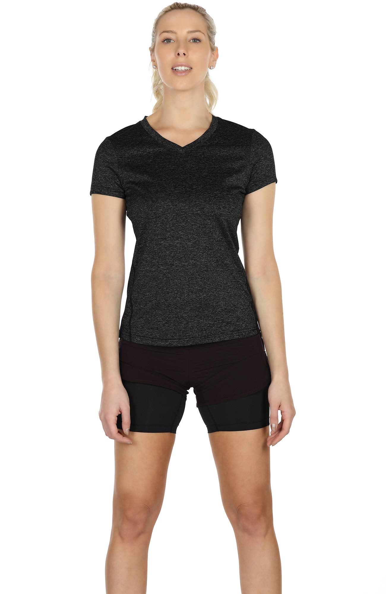 icyzone Workout Shirts Yoga Tops Activewear V-Neck T-Shirts for Women Running Fitness Sports Short Sleeve Tees (M, Black/Granite/Blue)