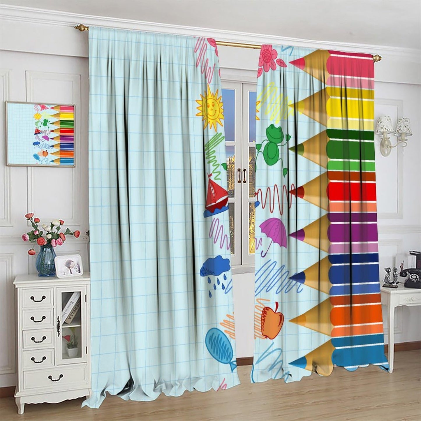Children Pencil Curtains Cute Crayon Colourful Design Kids Boys Girls Curtain with Rod Pocket for Nursery Bedroom Home Drapes Window Treatments Set 2 Panels,42x45 Inches
