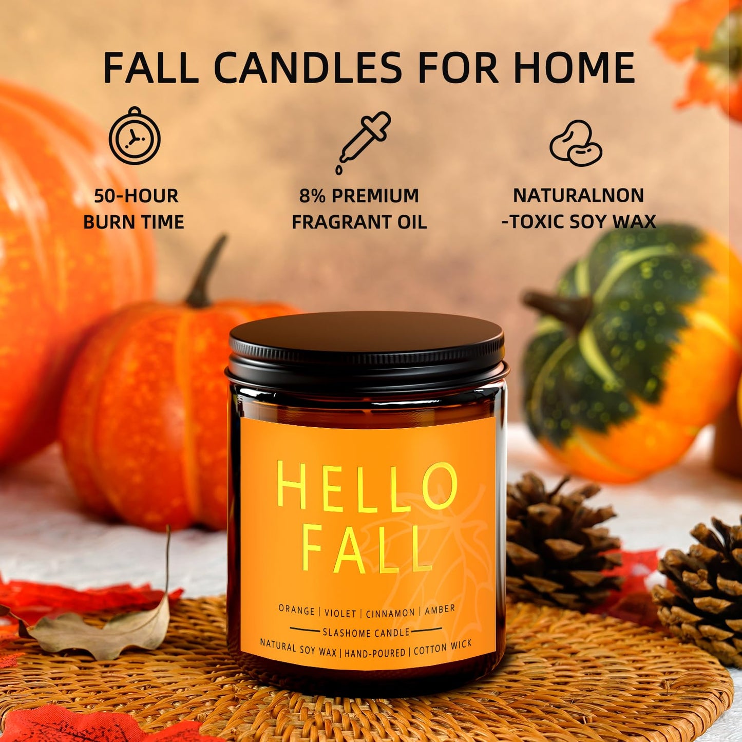 Fall Scented Candles Hello Fall 7oz – Warm Pumpkin Spice & Sweet Apple Soy Wax Candle for Cozy Autumn Home Décor, Perfect Fall Gift, 50 Hour Long Burn