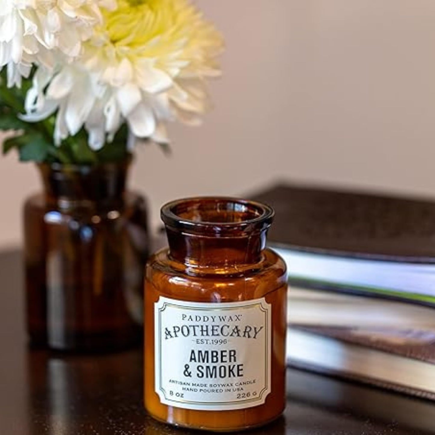 Paddywax Artisan Apothecary Scented Candle with Lid in Reusable Glass Jar, Clean-Burn Soy Candle with Approx. 54 Hour Burn Time, Amber & Smoke, 8 oz.