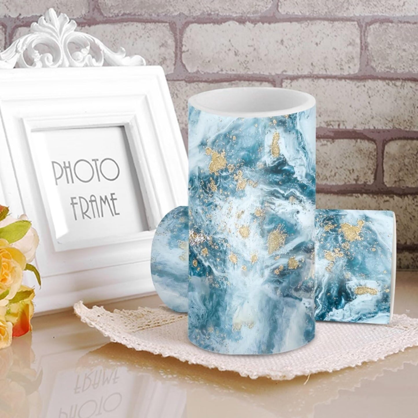 NETILGEN Flameless Candles LED Battery Operated Candles with Realistic Set of 2 with 18 Key Remote Control Timer Dancing Flame Pillar Candles for Home Farmhouse Decor, Blue Gold Marble
