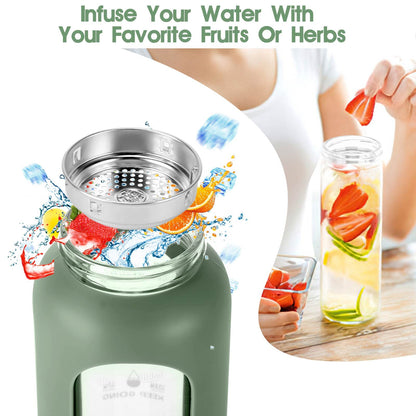 SipZest 32 oz Glass Water Bottles with Straw - Motivational Bottle with Time Marker & Silicone Sleeve - Reusable Tumbler Includes 2 Bamboo Lids & Fruit Infuser - 1 Pack