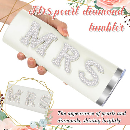 Zhehao Bride Cups Tumbler 20 oz Bachelorette Gift for Bride Tumblers Stainless Steel Mrs Cup with Lid Straw Bridal Gifts Mrs Water Bottle for Bridal Shower Engagement Party(White,Pearl)