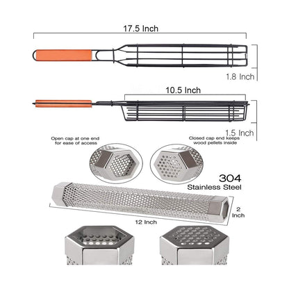 Kabob Grilling Baskets, BBQ Grill Accessories Set of 4 with 12" Stainless Steel Hot/Cold Smoker Tube, BBQ Smoker Rotisserie Basket for Grilling Vegetables