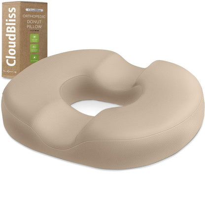 CloudBliss Donut Pillow Seat Cushion Chair Pad for Tailbone Pain Relief and Hemorrhoids, Memory Foam Seat Chair Cushion for Men and Women for Home & Office, (Khaki-XL)