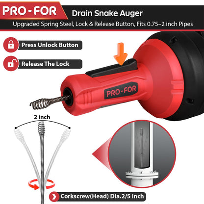 PRO-FOR Drain Auger, 16.4FT Plumbing Snake Drain Clog Remover, Manual & Drill Powered Drain Snake for 0.75–2 Inch Pipes, Sink, Shower, Bathtub, Toilet, Kitchen Drain Cleaner Tool with Steel Cable