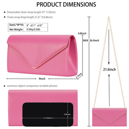 Vegan Leather Envelope Clutch Bag Classic Dressy Purse Foldover Evening Handbag Hot Pink