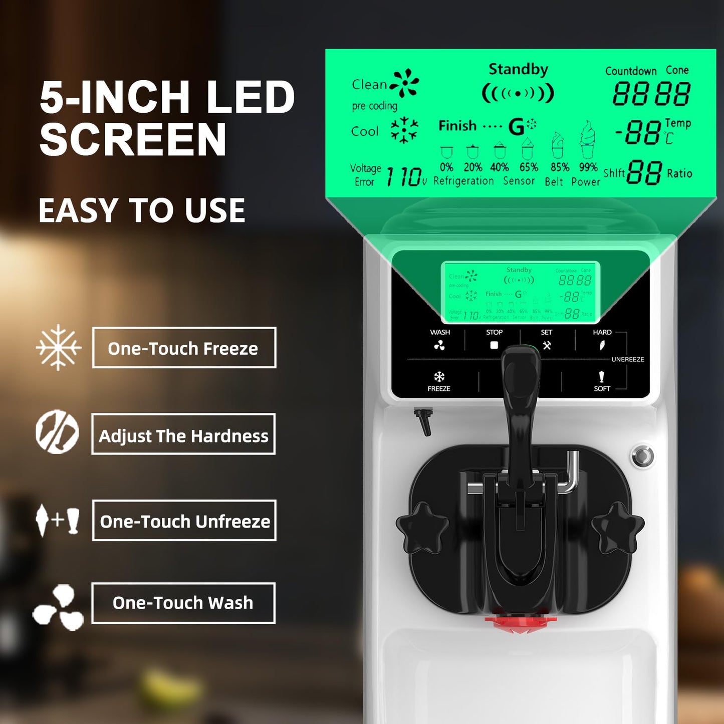 Ice Cream Maker Machine for Home, 5 Inch Screen Soft Serve Ice Cream Machine 3.5 Gals/H Single Flavor Ice Cream Maker with Pre-Cooling Soft Serve Machine with 1.6 Gals Tank for Birthday Party