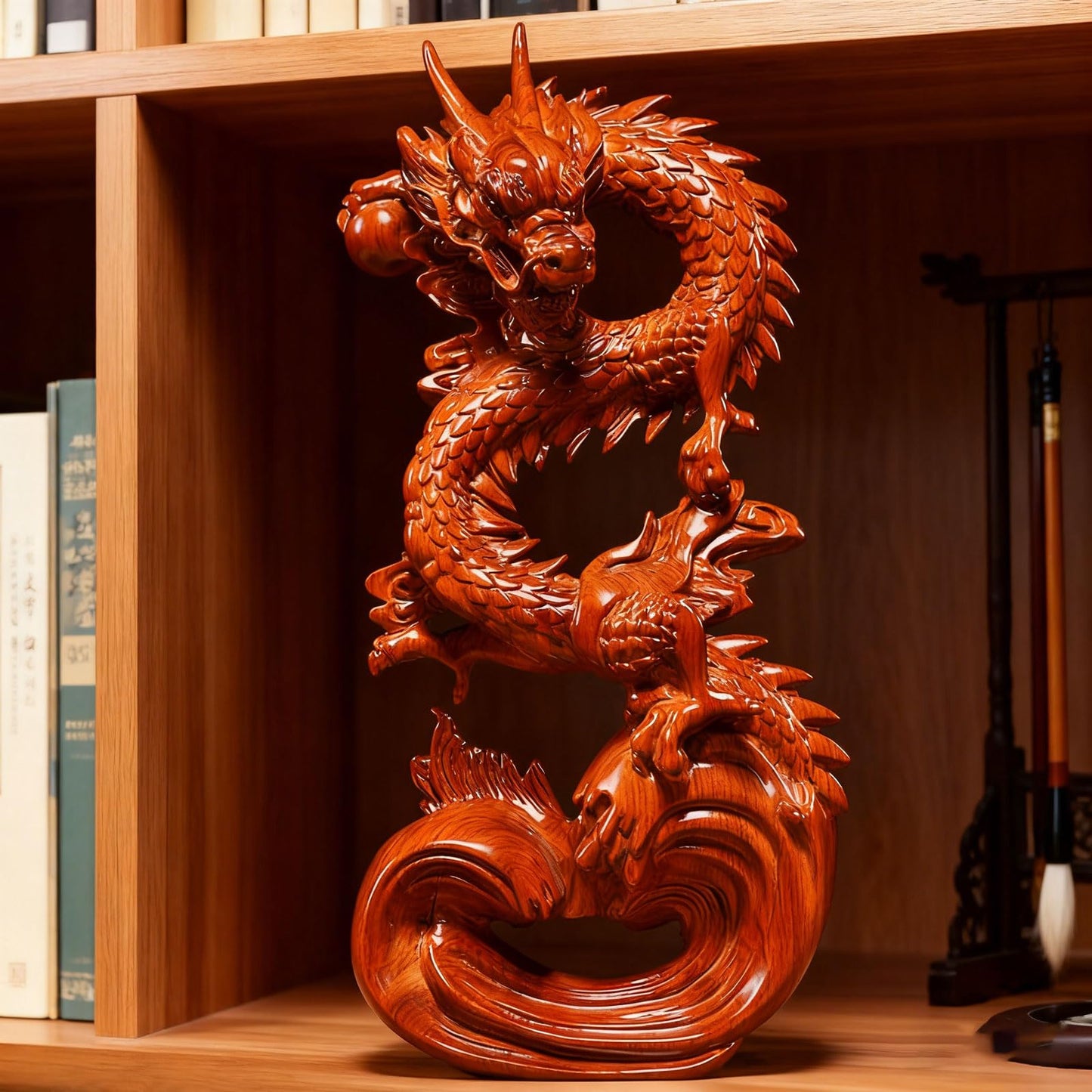 Otjidku Feng Shui Dragon Statue- Chinese Dragon on Wood Sculpture Figurine Ornament Attract Wealth and Good Luck Office Home Decor (Red) (7 Inch)