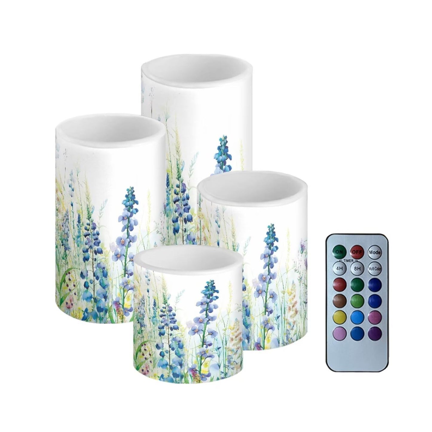 Merkmak Pack of 4 Flickering Flameless Candles Bulk with Remote Outdoor Battery Operated LED Candles with Timer Elictric Pillar Lights for Beach Coastal Home Decoration, Floral Green Leaves