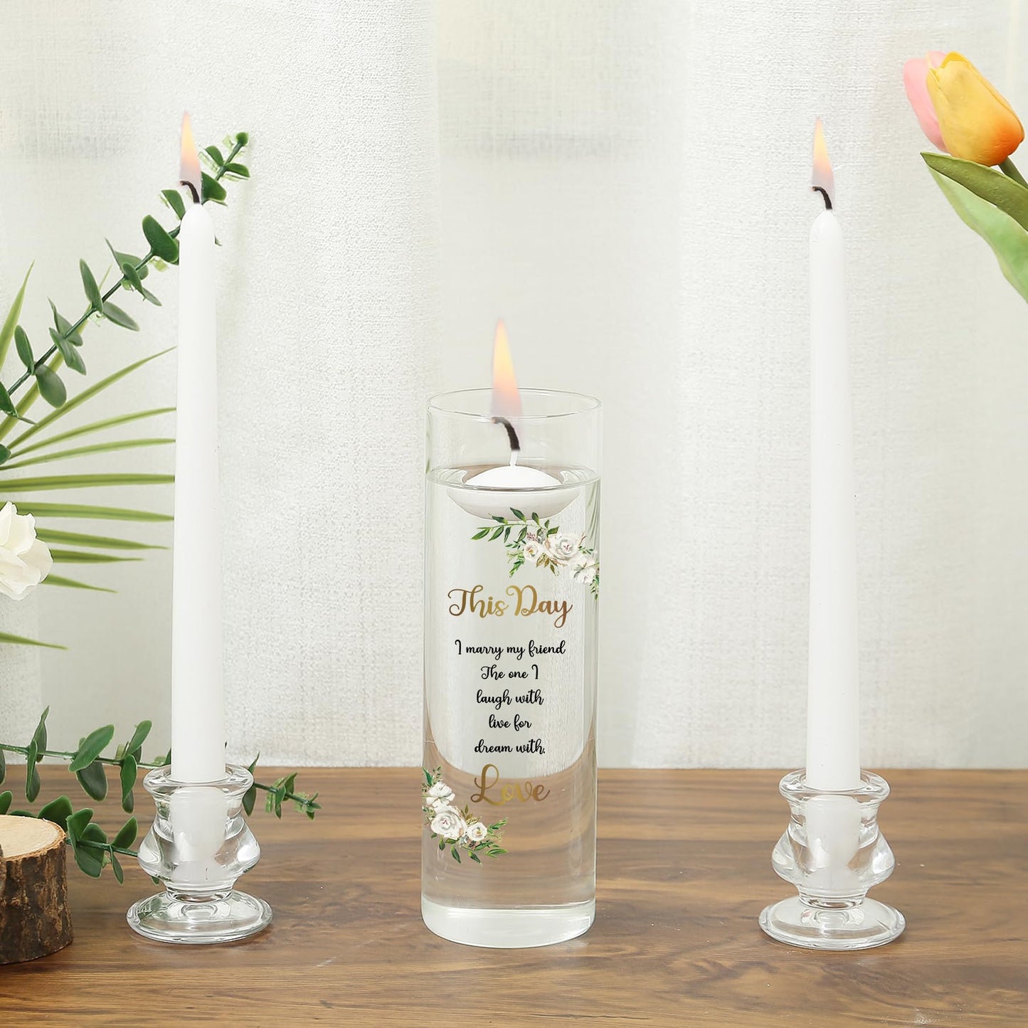 Unity Candles with Glass Holder for Wedding Ceremony - Unity Candles for Wedding, Religious Ceremony Ideas Marriage Decoration Accessories Set for Newly Couple Anniversary Church (Flower)