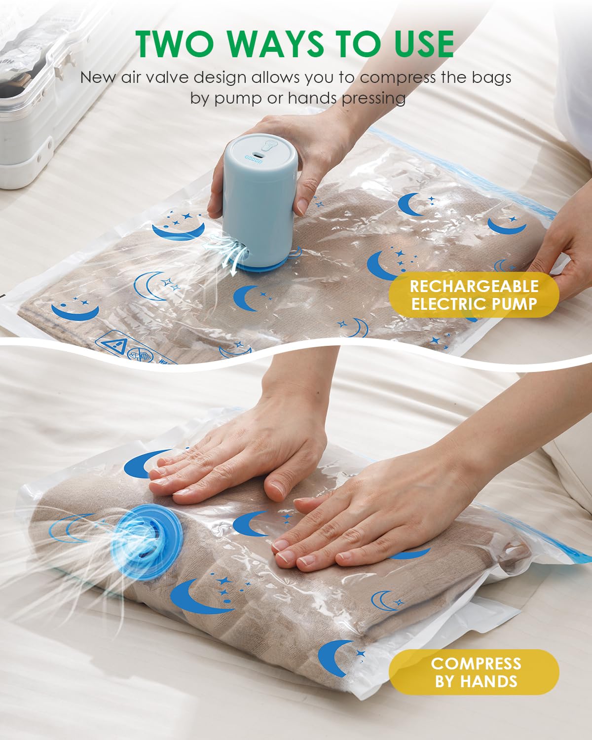 Travel Compression Bags, 25 Pack Vacuum Storage Bags with 1500mAh Rechargeable Battery, Vacuum Seal Bag for Space Saving Clothes, Blanket, Duvets, Pillows, Comforters, Travel Essentials, Luggage