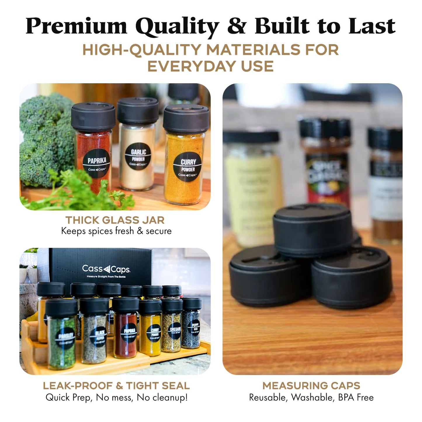 CassCaps Spice Jars & Measuring Caps Set – Measure Straight from The Bottle! Faster Meal Prep, No Mess, No Clean Up. 6 Pack