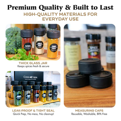 CassCaps Spice Jars & Measuring Caps Set – Measure Straight from The Bottle! Faster Meal Prep, No Mess, No Clean Up. 6 Pack