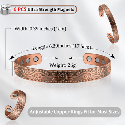 BioMag Copper Bracelet & Ring for Women, 99.99% Pure Copper Magnetic Bracelet Lymphatic Drainage Rings with 3500 Gauss Magnets, Adjustable & Flower Pattern