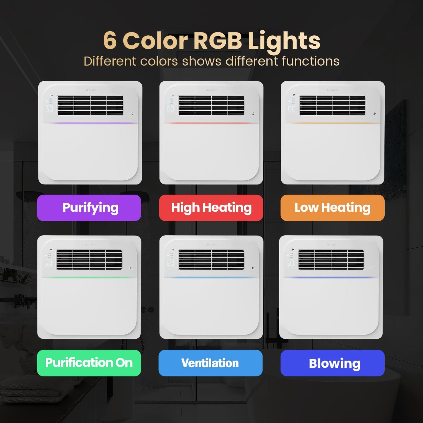 LIVSGREE 5-IN-1 Bathroom Exhaust Fan with Heater 1600W & 3CCT LED Light & Humidity Sensor, & Bluetooth Speaker, 170 CFM, 6-RGB, 1.5 Sone Quiet Ceiling Bath Fan With Remote Control for Bathroom Heating