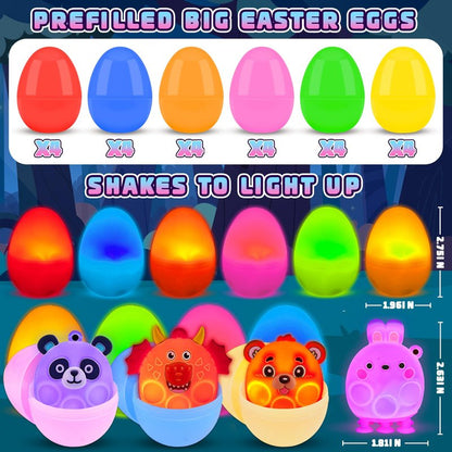 ChildFun Prefilled Easter Eggs with Light Up 3D Animal Pop Toys, 24 Pack Easter Eggs Filled, Easter Basket Stuffers for Toddler Eggs Hunt, Glow in The Dark Easter Egg, Easter Gifts for Kids