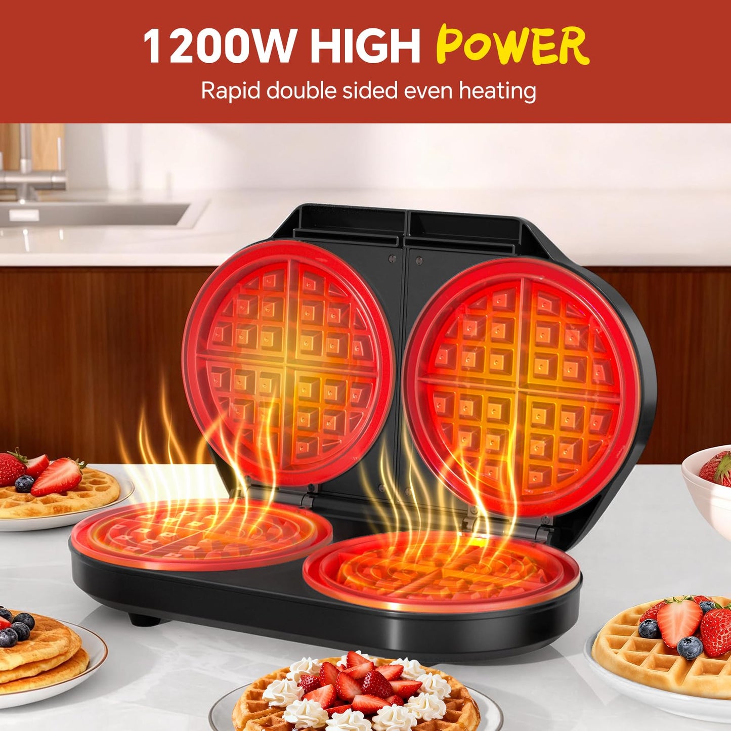 Double Waffle Maker, Belgian Waffle Maker, 6.5 Inch Waffle Iron with 2 Independent Adjustable Temp Knobs & Indicator Lights, Easy-Clean Nonstick Plates, Stainless Steel, Black