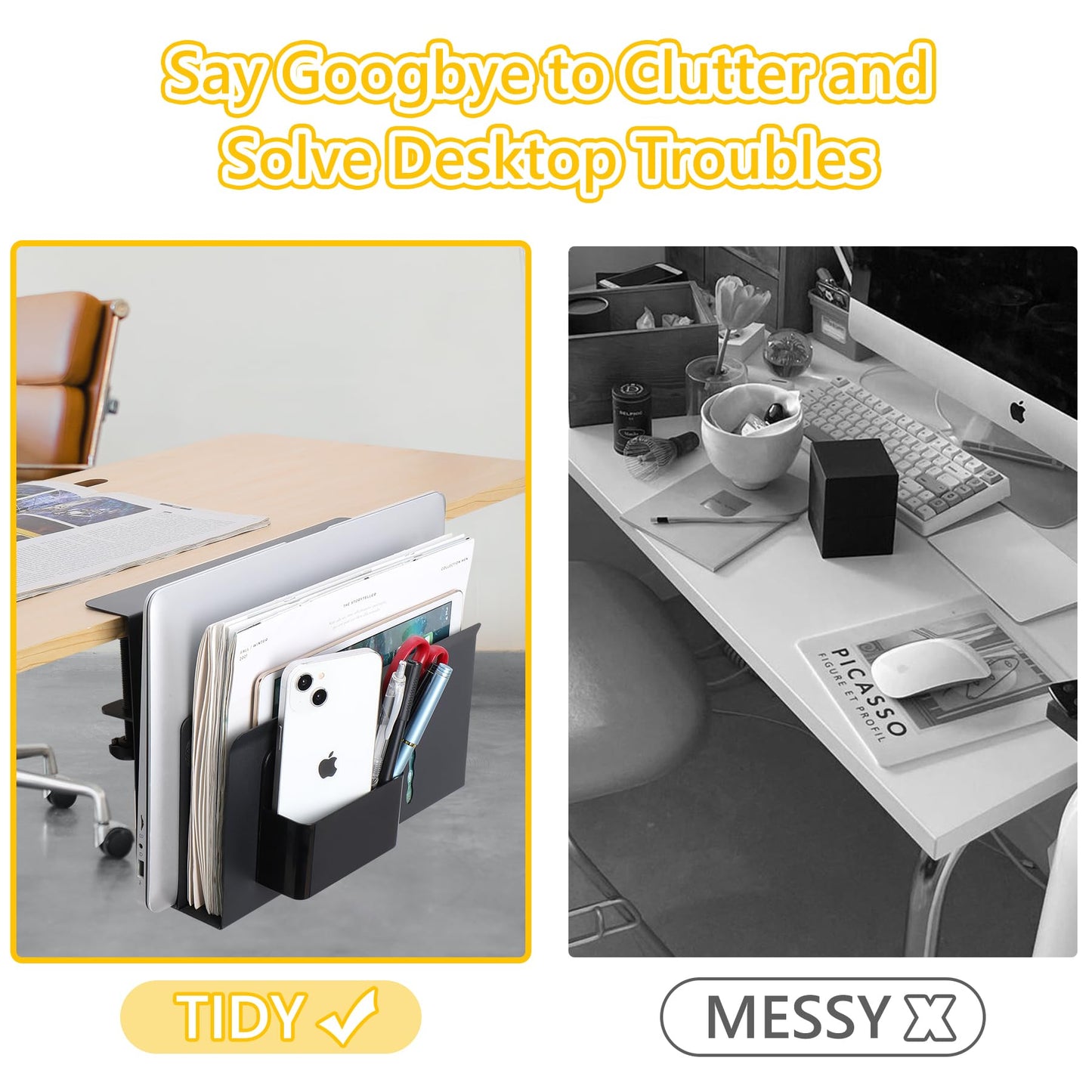 Desk Side Storage Under Desk Laptop Holder, No Drill Hanging Desk Organizer with Pen Holder, Clamp-On Table Side Tray Desktop Organization Mount for Office and Home (White)