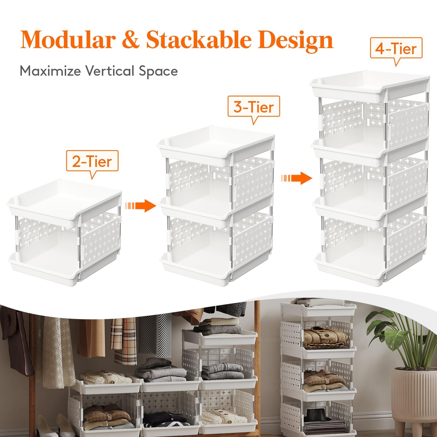Lifewit Plastic Stackable Storage Baskets, 4 Tier Stacking Bins for Closet Wardrobe, Playroom, Kitchen and Pantry Organization, Large Capacity Multi-Functional Stackable Storage Containers Shelves
