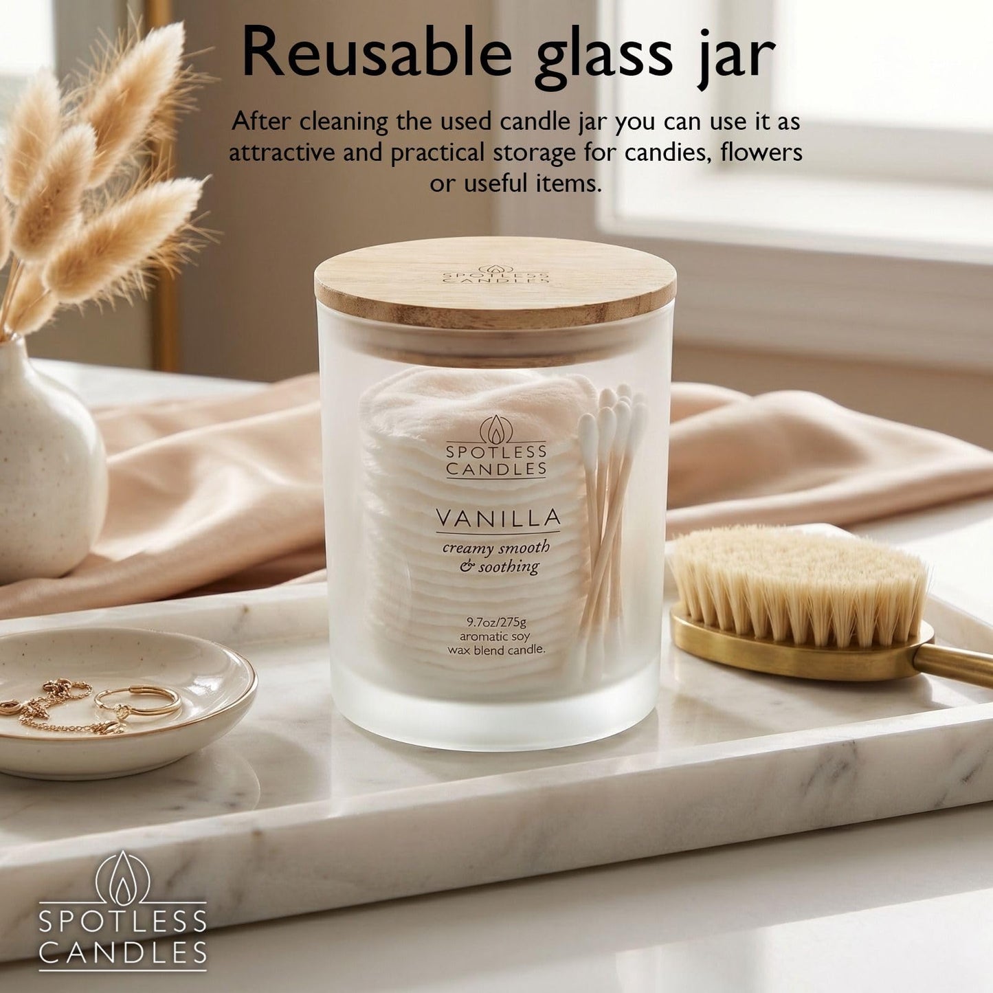 Vanilla Candle; 275g, 55 Hrs Burn Time, Soy Wax White Frosted Jar with Crackling Wooden Wick & Luxury Gift Box: Vanilla Scented Candle by Spotless Candles