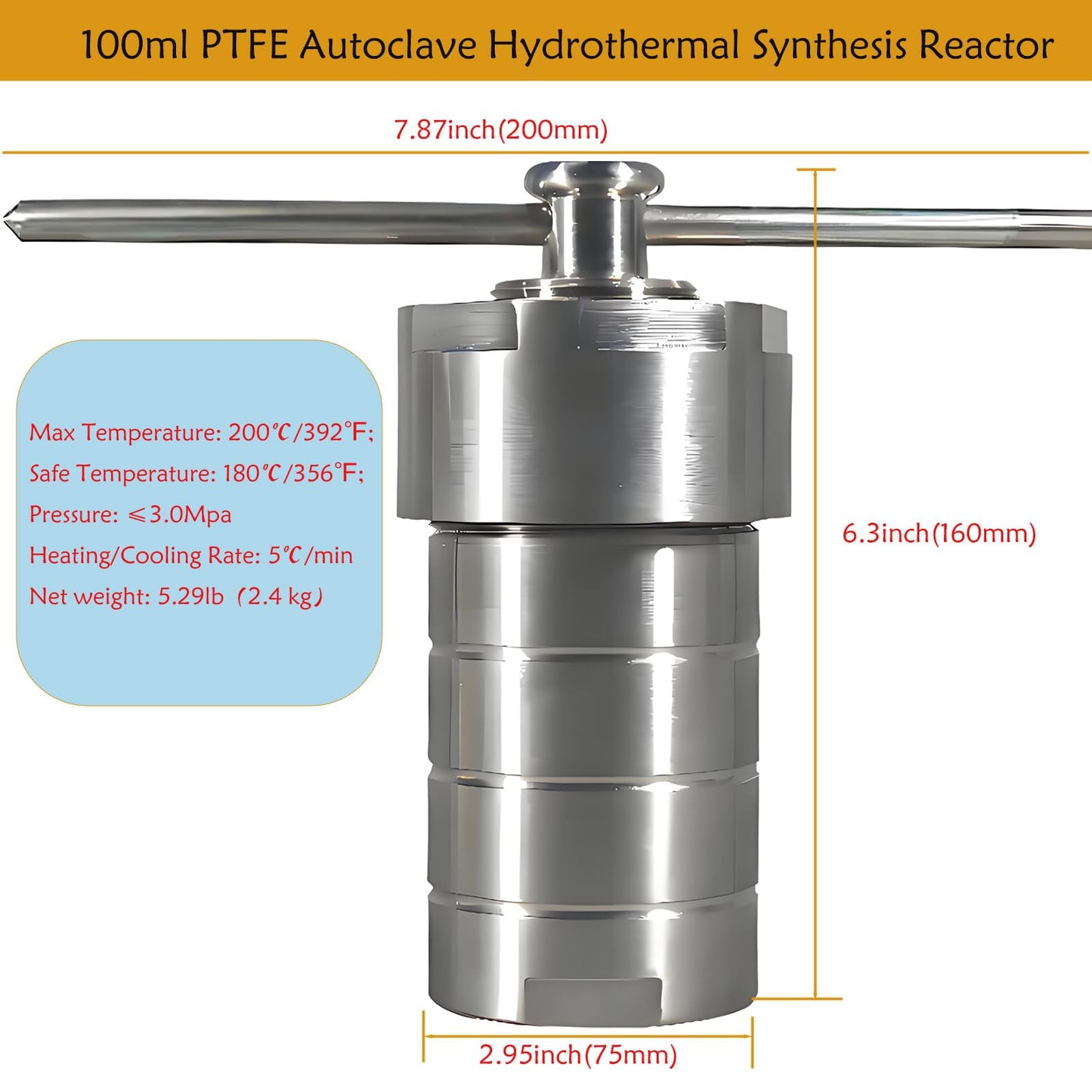 PreAsion 100ml PTFE Autoclave Hydrothermal Synthesis Reactor 220℃,3Mpa,304 Stainless Steel, Heating Cooling Rate:5 ℃/min